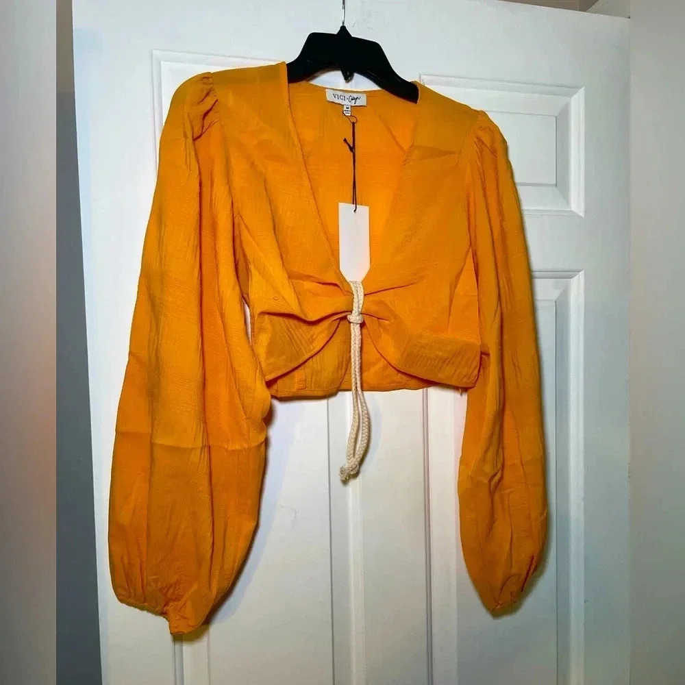 Vici X Caitlyn Woman’s Crop Top Size Medium Long Sleeve V Neck Rope Tie NEW